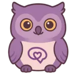 a cute, cartoon style purple owl with wide yellow eyes and a white belly featuring a purple heart shaped speech bubble symbol. stg health