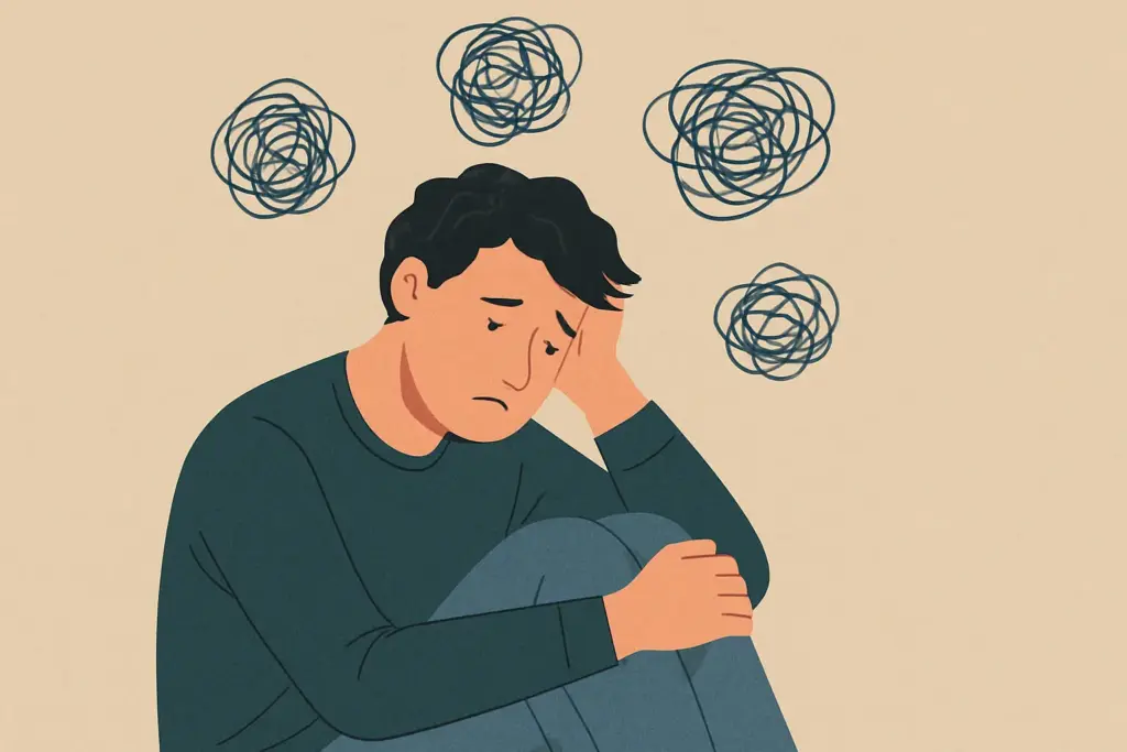 An illustration of a sad person sitting with knees drawn up, resting their head on one hand. Scribble-like swirls above their head represent anxiety or troubled thoughts. STG-Health