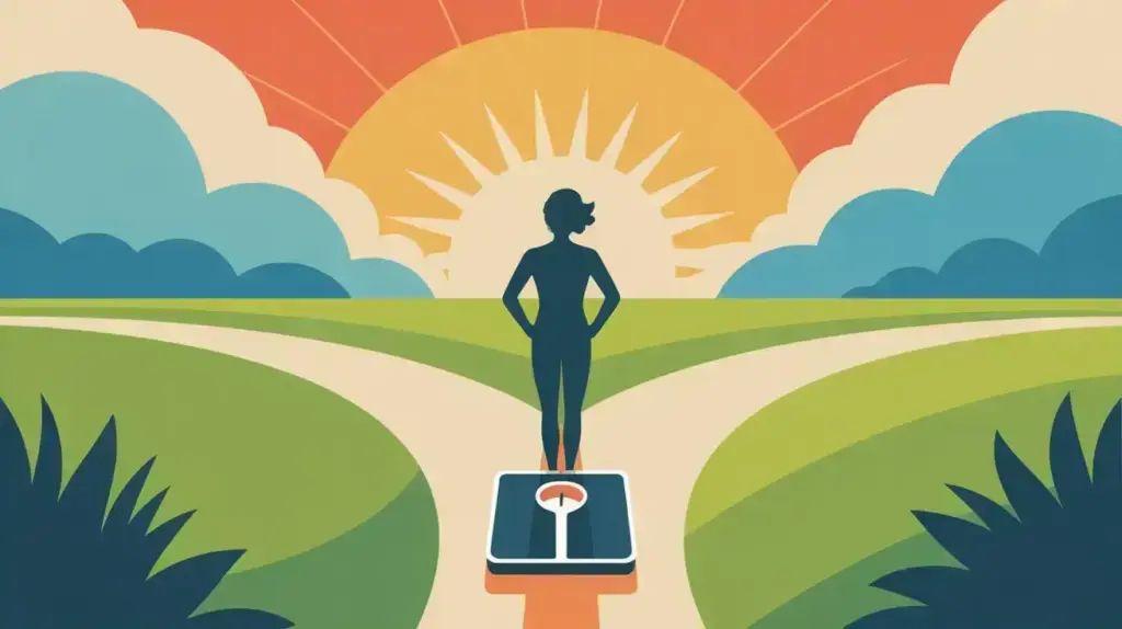 A person stands on a scale at a forked path under a bright sunrise, symbolizing choices and a new beginning in health or weight management, with stylized fields and clouds in the background. STG-Health