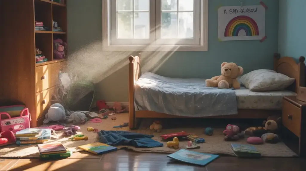 A sunlit, slightly messy childs bedroom with toys and books scattered on the floor, a teddy bear on the bed, and a hand-drawn rainbow poster on the wall that says “A SAD RAINBOW.”. STG-Health