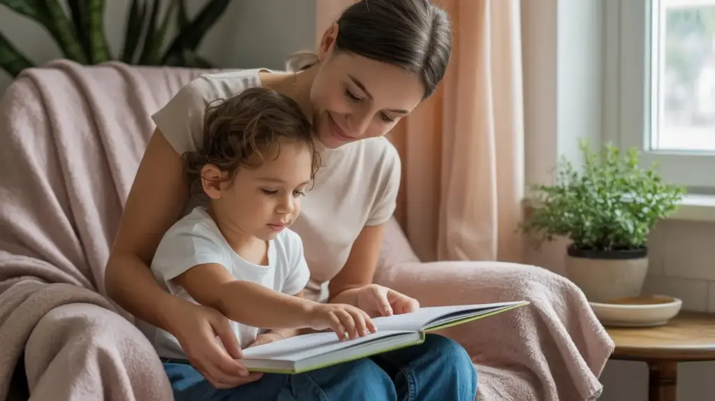 A woman and a young child sit together on a cozy chair, smiling and reading a book. The child points at the pages while the woman gently guides them. There is a potted plant and soft natural light in the background. STG-Health