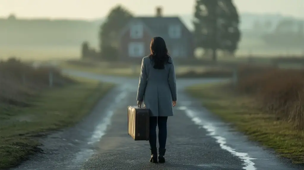 A woman with long dark hair, wearing a gray coat and jeans, stands on a rural road holding a suitcase, facing a distant house surrounded by fields on a foggy day. STG-Health