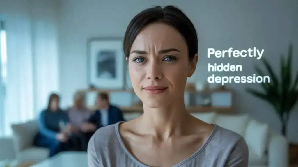 A woman stands in focus with a neutral expression, while three people sit blurred in the background. The text beside her reads, Perfectly hidden depression. The setting appears to be a bright living room. STG-Health