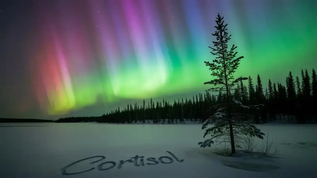 Colorful northern lights glow in the night sky above a snowy landscape with pine trees. The word Cortisol is written in the snow in the foreground. STG-Health