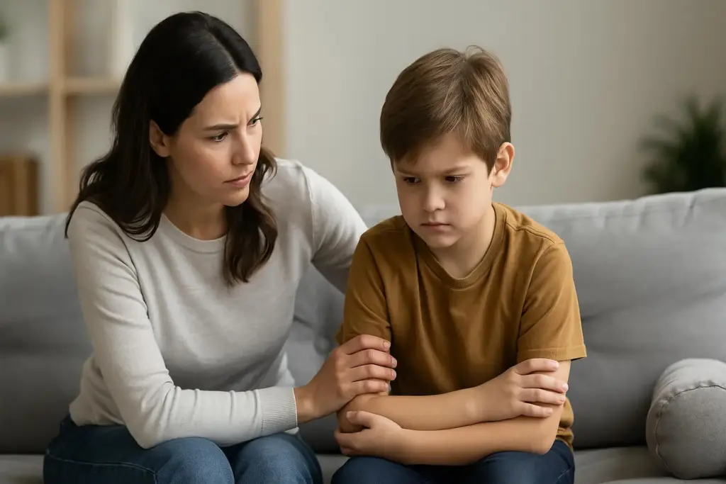 A concerned woman sits beside a sad young boy on a couch, gently holding his arm and looking at him with empathy while he looks down with a troubled expression. STG-Health
