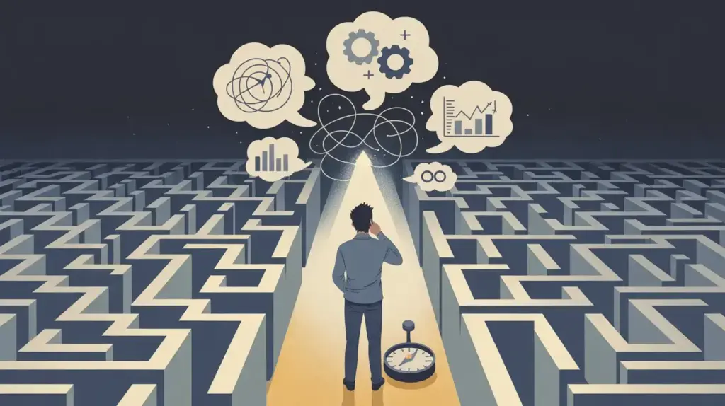 A person stands at the entrance of a maze, facing a lit path. Thought bubbles above show gears, graphs, infinity, and chaos symbols, representing problem-solving and decision-making. A stopwatch lies on the ground nearby. STG-Health