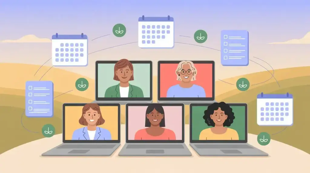 Illustration of five diverse people on video call, each shown on a laptop screen, surrounded by floating calendars, documents, and checklists, representing remote collaboration and scheduling. STG-Health