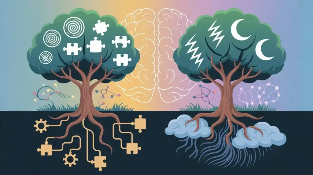 Illustration of two trees in front of a brain; the left tree has puzzle and gear symbols, and roots with puzzle pieces and gears; the right tree has moon symbols, roots in clouds, and wavy lines, symbolizing left and right brain functions. STG-Health
