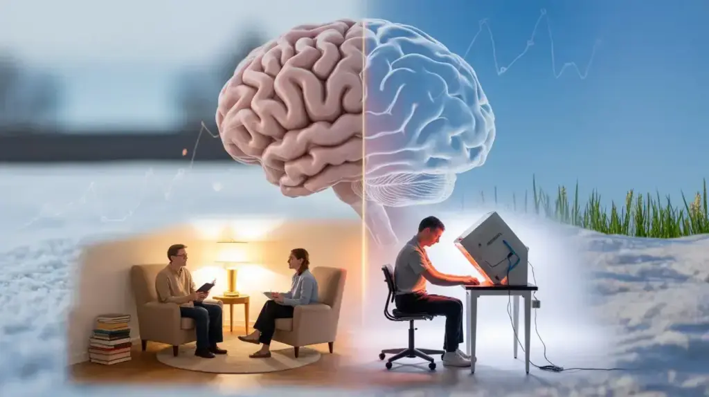 A split scene shows a brain in the center. On the left, two people sit and talk in a cozy indoor setting. On the right, a person uses a computer outdoors with grass and blue sky. Graph lines connect both sides. STG-Health