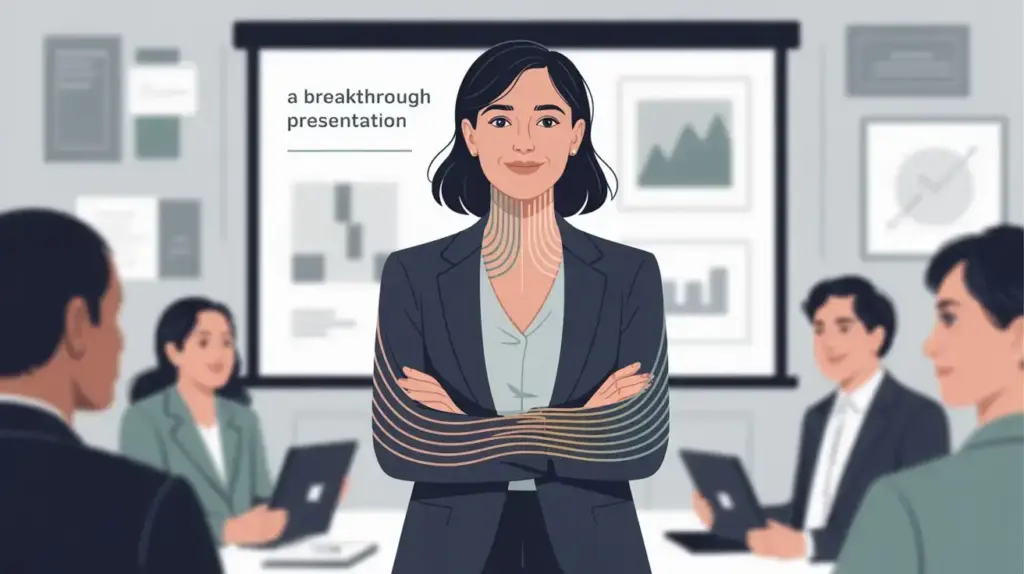 A confident woman stands with arms crossed in front of a screen displaying charts and the phrase a breakthrough presentation, while four colleagues sit at a conference table with laptops. STG-Health