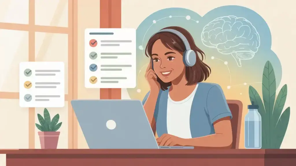A young woman wearing headphones smiles while working on a laptop at a desk. There are checklists, a brain illustration, a water bottle, and a plant nearby, suggesting a productive and focused study or work environment. STG-Health