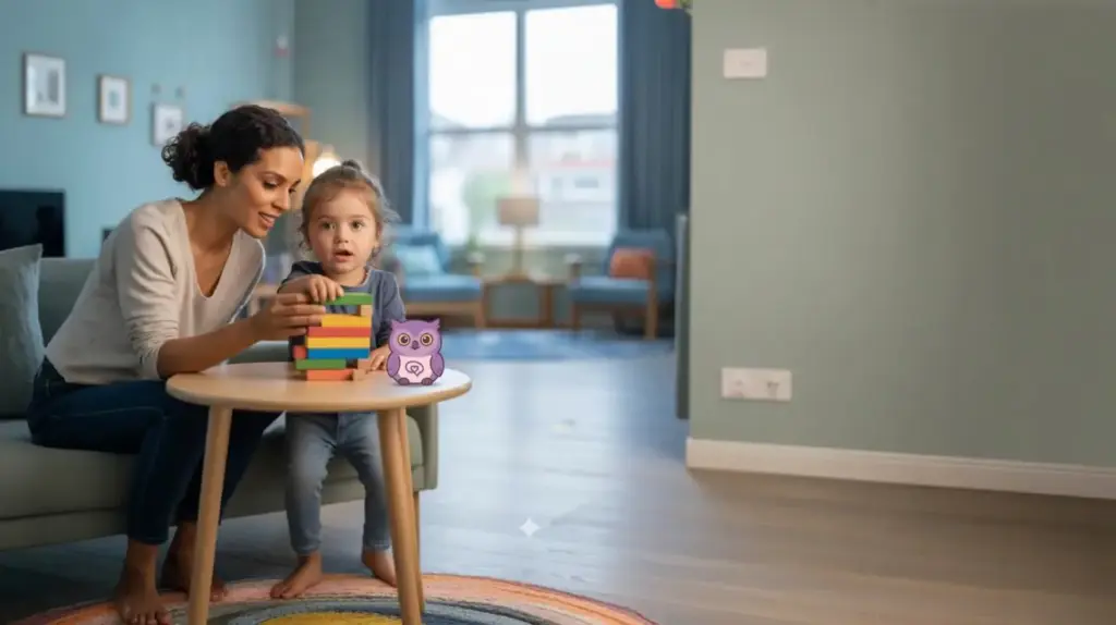 A woman and a young girl sit at a round table stacking colorful wooden blocks in a cozy living room. A purple cartoon owl is illustrated on the table near them. STG-Health