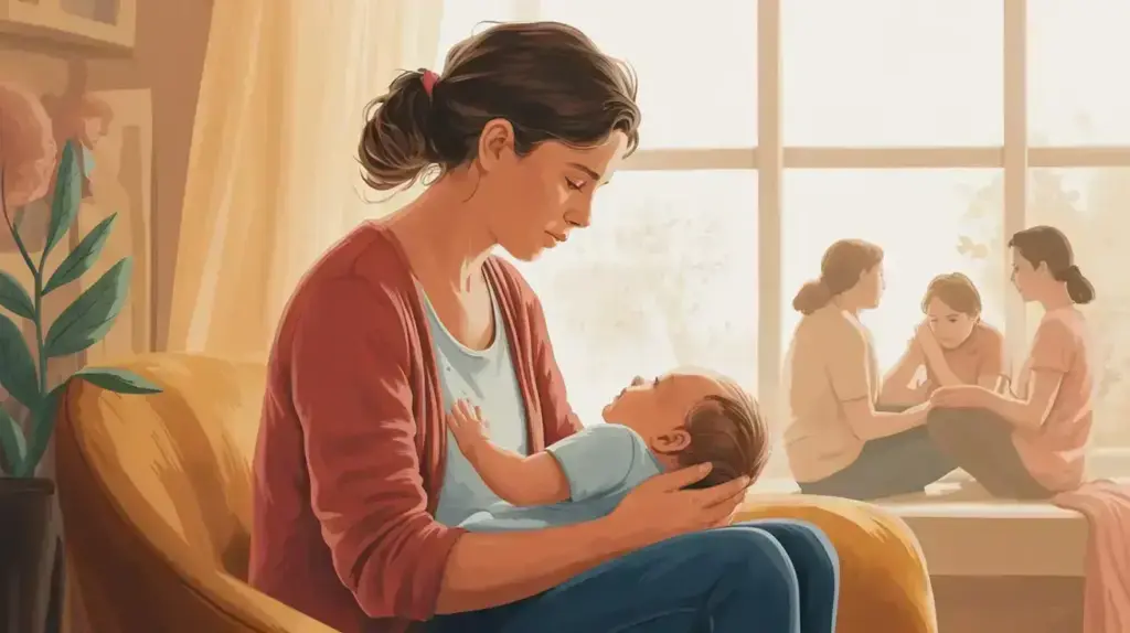 A woman sits in a yellow chair, gently cradling a baby in her arms. Soft light streams through a window behind her, where two women converse with a young girl in a cozy, peaceful room. STG-Health
