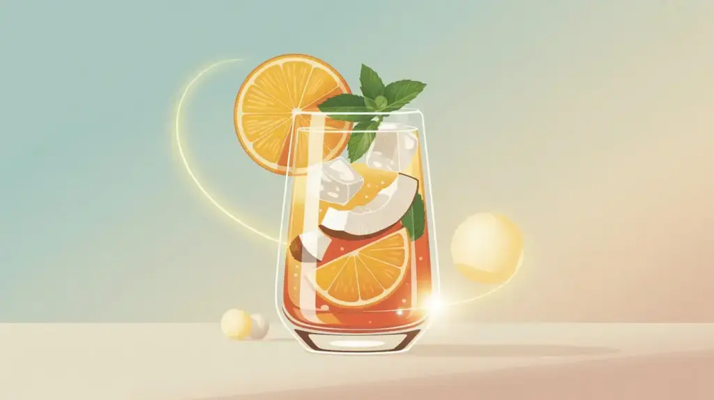 A stylized illustration of a glass of iced tea garnished with orange slices, coconut pieces, and mint leaves, set against a soft pastel background with round decorative elements. STG-Health