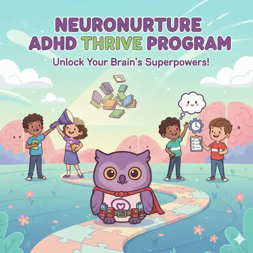 Cartoon owl in superhero cape stands on a puzzle path. Kids hold books, telescope, clipboard, and speech bubble. Text reads, Neuronurture ADHD Thrive Program: Unlock Your Brain’s Superpowers! Pastel outdoor background. STG-Health