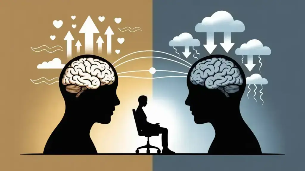 Two human silhouettes face each other, one with bright arrows and hearts above the brain, the other with clouds and rain. A person sits in a chair between them, symbolizing contrasting mental states or emotions. STG-Health