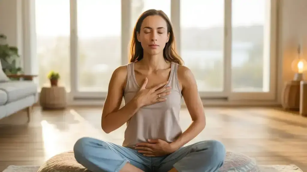 A woman sits cross-legged on a cushion indoors, eyes closed, with one hand on her chest and one on her abdomen, appearing calm and focused, likely practicing deep breathing or meditation in a sunlit room. STG-Health