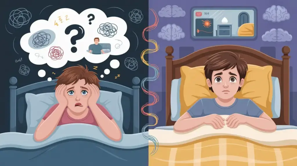 A boy lies in bed looking anxious on the left, surrounded by chaotic thoughts, and calm on the right, in a tidy room with organized images, showing a contrast between stress and relaxation before sleep. STG-Health