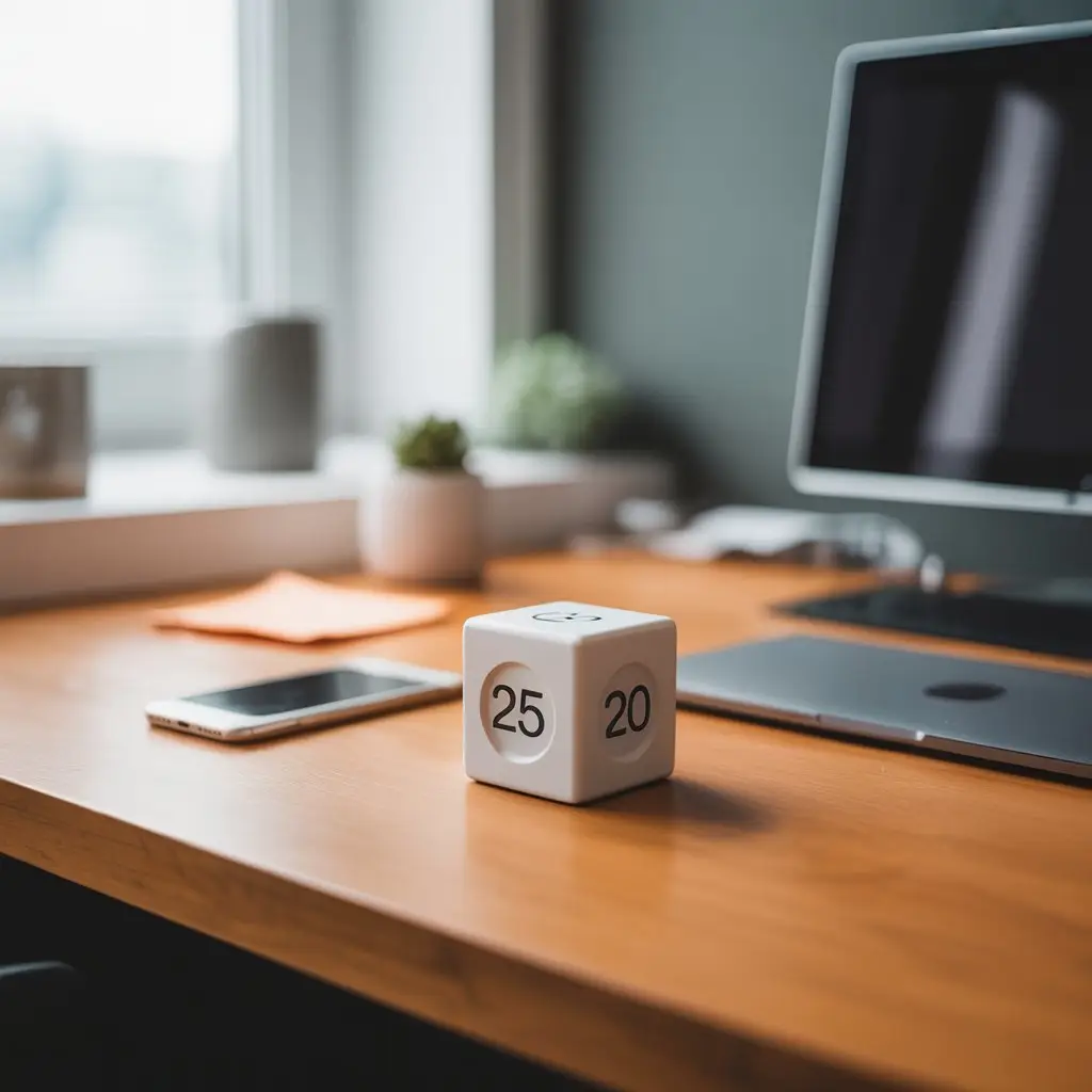 A white cube timer showing 25 and 20 sits on a wooden desk with a smartphone, papers, a laptop, and a blurred potted plant and monitor in the background. STG-Health