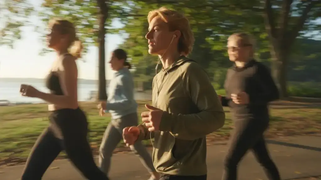 Four people jog outdoors in a park near water, surrounded by trees. They wear athletic clothing, and one person in front listens to music with earphones. The scene is bright and lively, suggesting an early morning run. STG-Health