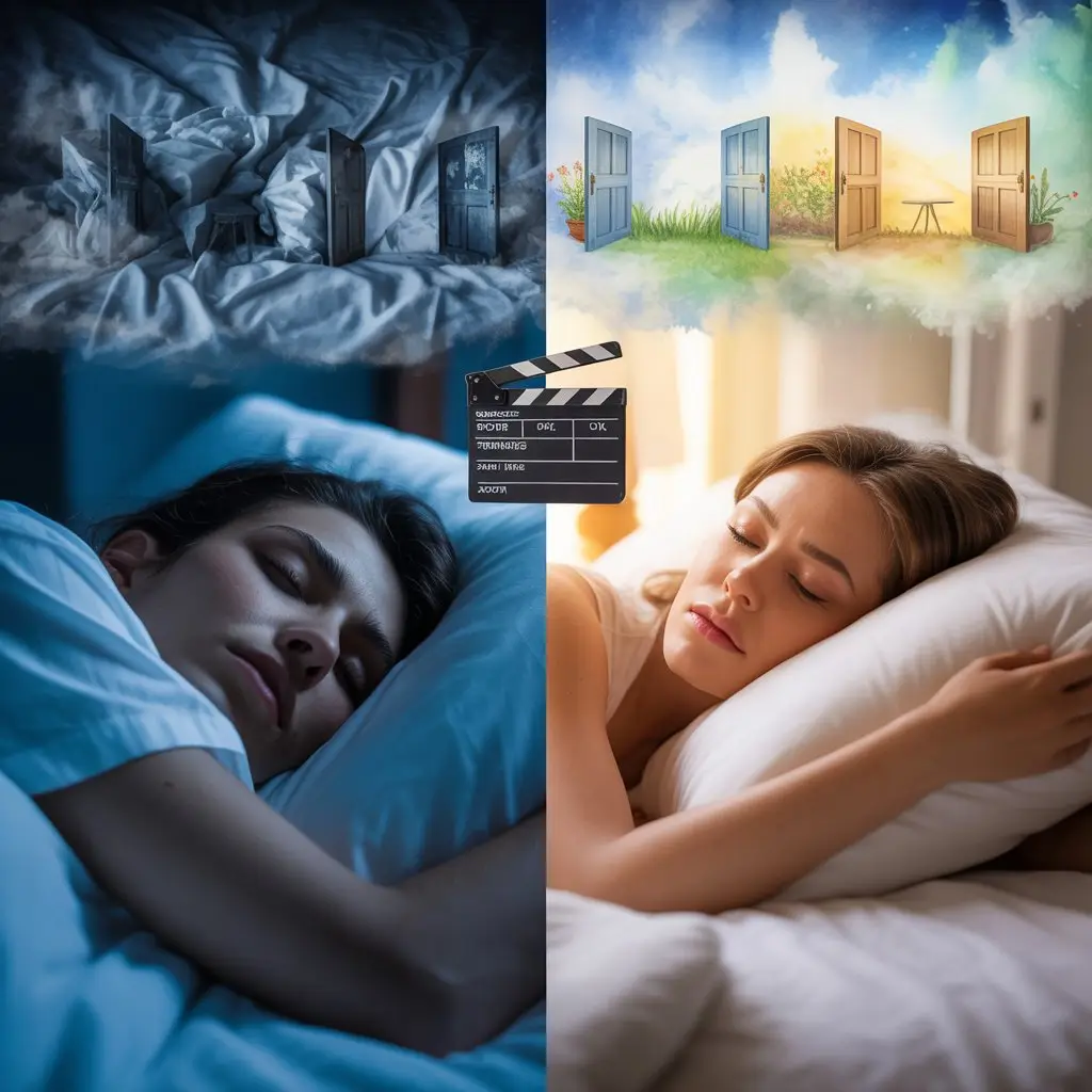 A collage showing a woman sleeping peacefully, a row of doors in a cloudy, dark room, a row of doors in a bright field, and a film clapperboard, symbolizing dreams and choices. STG-Health