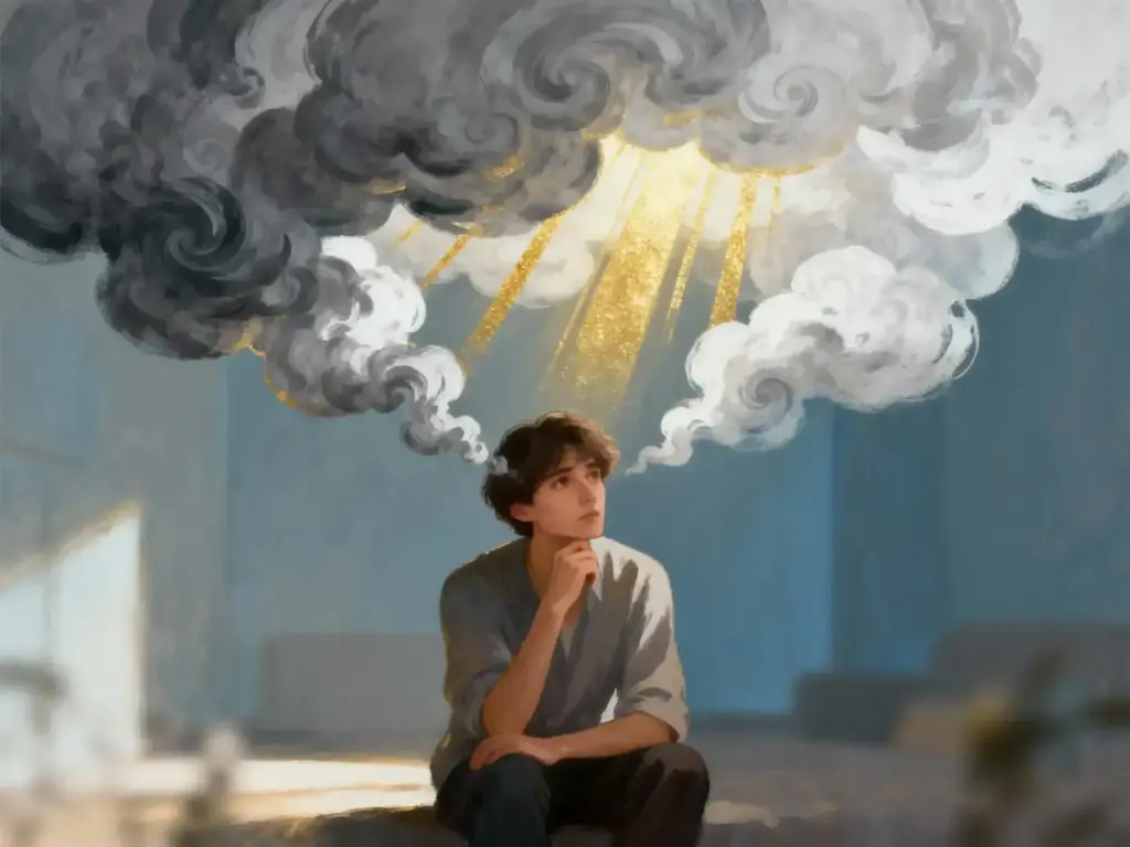 A young person sits thoughtfully on a bed while gray clouds hover above their head. Golden rays break through the clouds, symbolizing hope or inspiration. The setting is a softly lit, calm room. STG-Health
