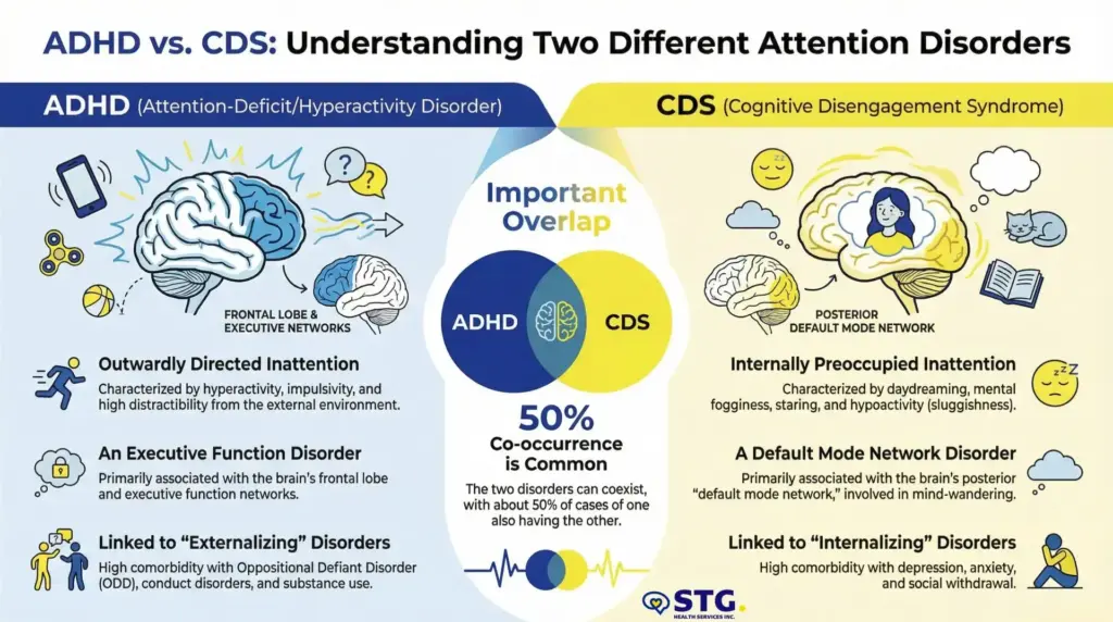 Infographic compares ADHD and CDS, highlighting symptoms, brain regions involved, and overlap. ADHD features hyperactivity and executive dysfunction; CDS involves daydreaming and internal inattention. Venn diagram shows 50% overlap. STG-Health