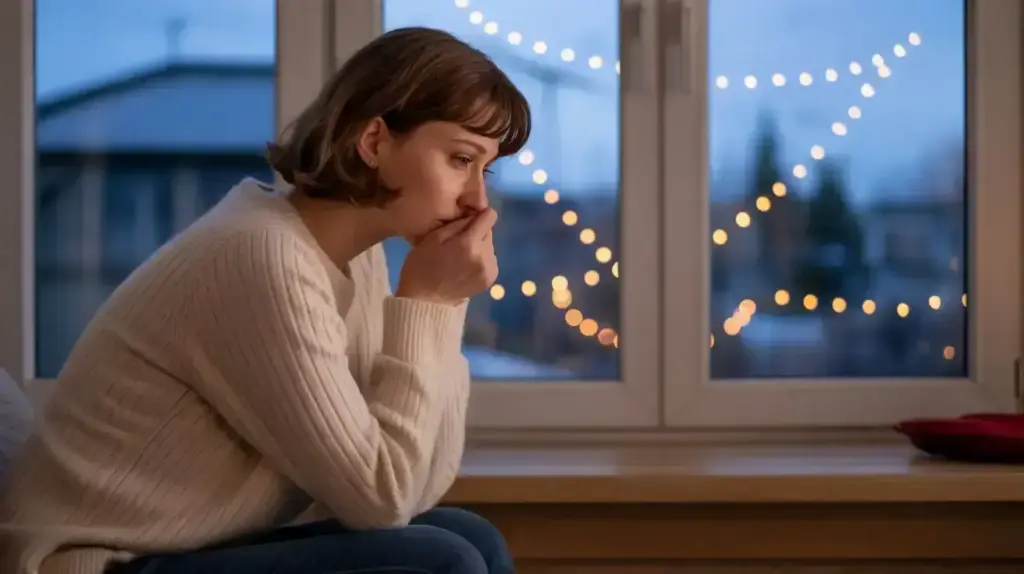 A woman sits indoors by a window at dusk, wearing a cream sweater and looking pensive, with her hand covering her mouth. Soft string lights and an out-of-focus cityscape are visible outside. STG-Health