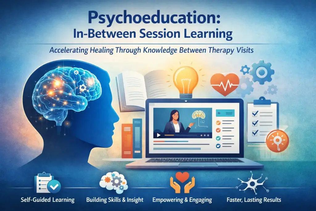 Illustration promoting psychoeducation between therapy sessions, showing a human profile with a lit-up brain, a laptop with an online lesson, books, icons for self-guided learning, skills, engagement, and lasting results. STG-Health