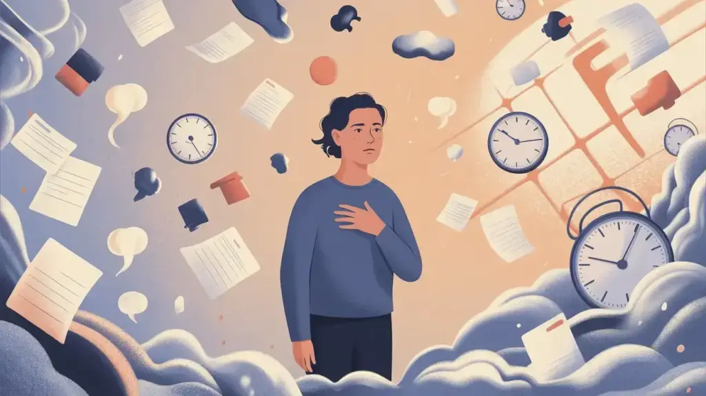 A person stands surrounded by swirling clocks, papers, and clouds, with a hand on their chest and a worried expression, conveying feelings of stress and being overwhelmed by time and responsibilities. STG-Health