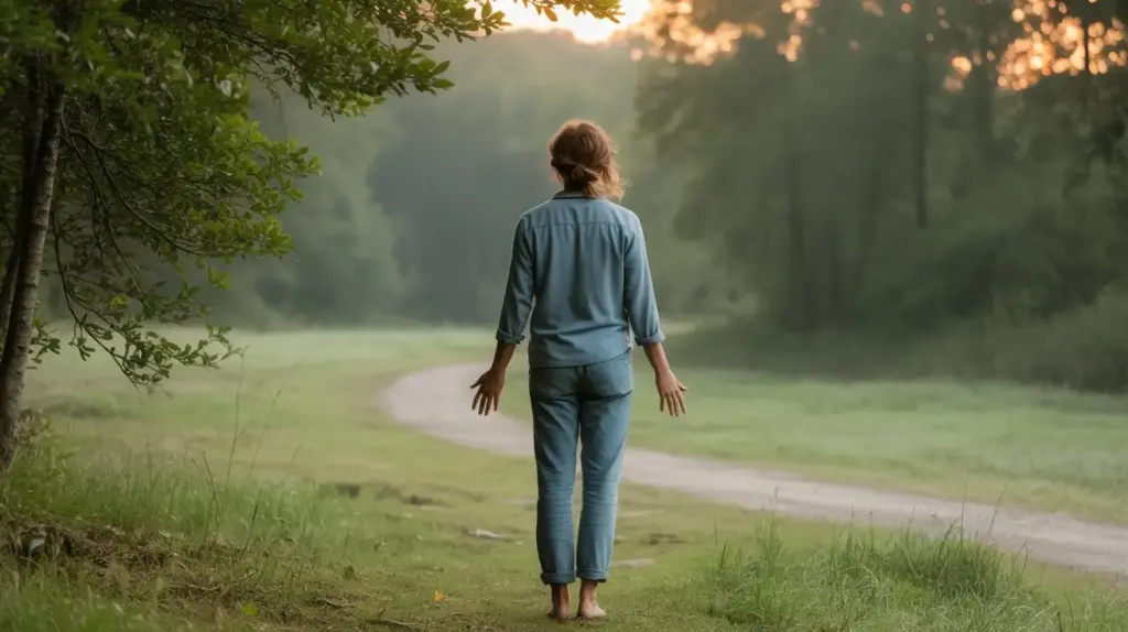 A person in a denim outfit stands barefoot on grass near a winding path, surrounded by trees and greenery, facing away toward a misty sunrise or sunset. STG-Health