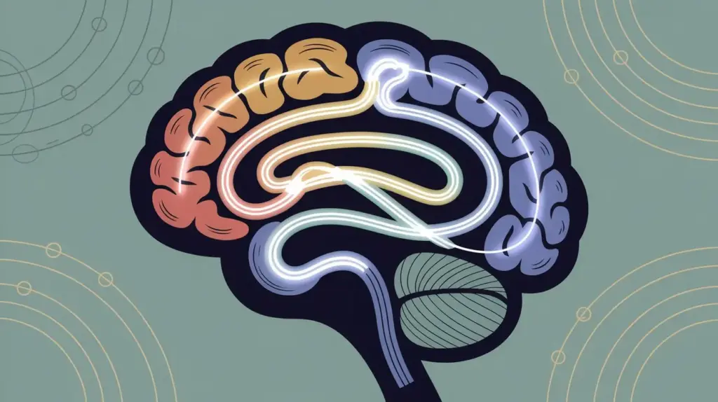 A stylized illustration of a human brain with colorful pathways highlighting neural connections, shown on a muted green background with abstract circular patterns. STG-Health