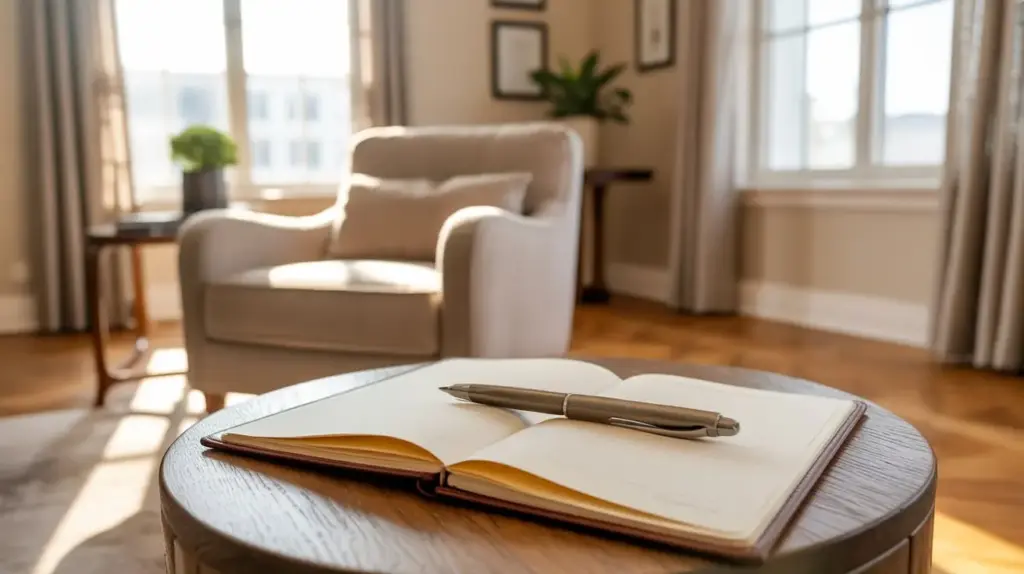 An open notebook with a pen rests on a round wooden table in a sunlit living room, with a cozy armchair and large windows in the background. STG-Health
