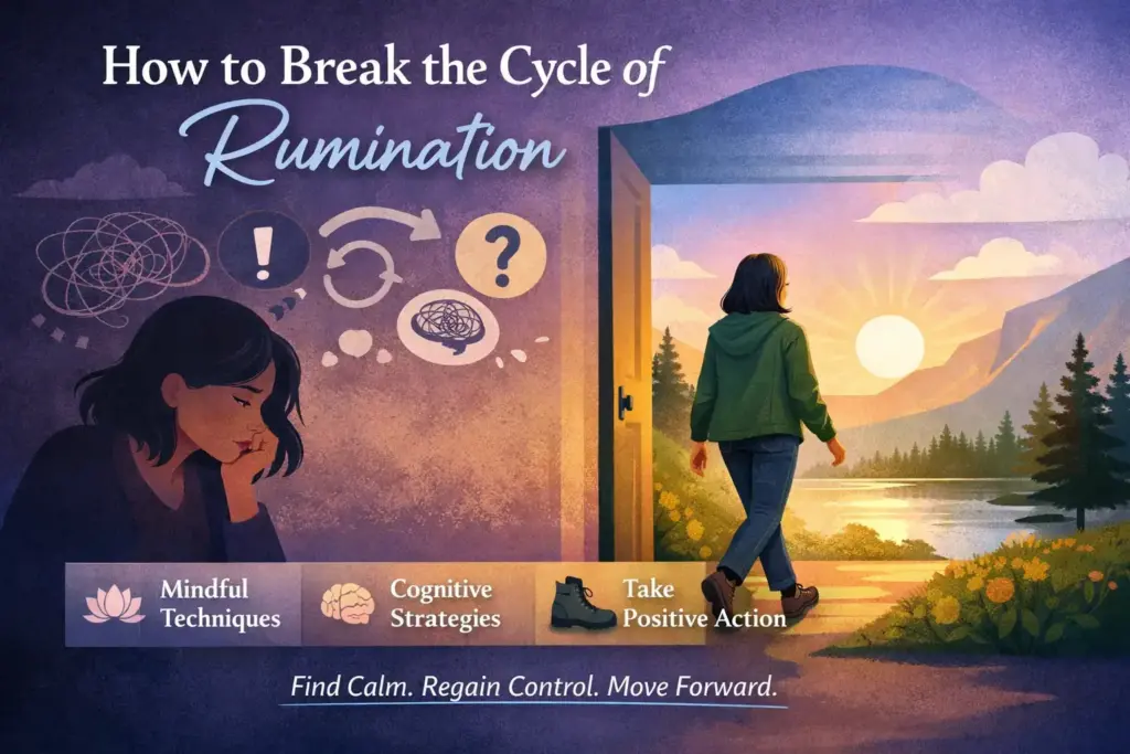 A woman sits with her head down next to icons of tangled thoughts, then walks through a door into a bright landscape. Text: How to Break the Cycle of Rumination with steps: mindful techniques, cognitive strategies, take positive action. STG-Health