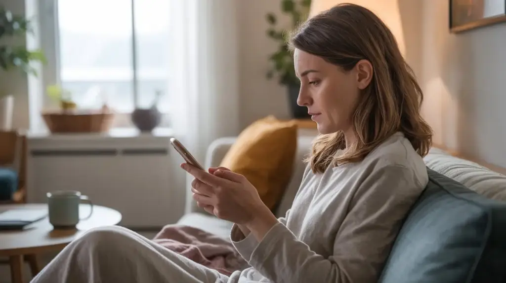 A woman sits on a sofa in a cozy living room, wearing comfortable clothes and looking at her smartphone. A mug and pillow are nearby, and soft daylight comes through the window. STG-Health