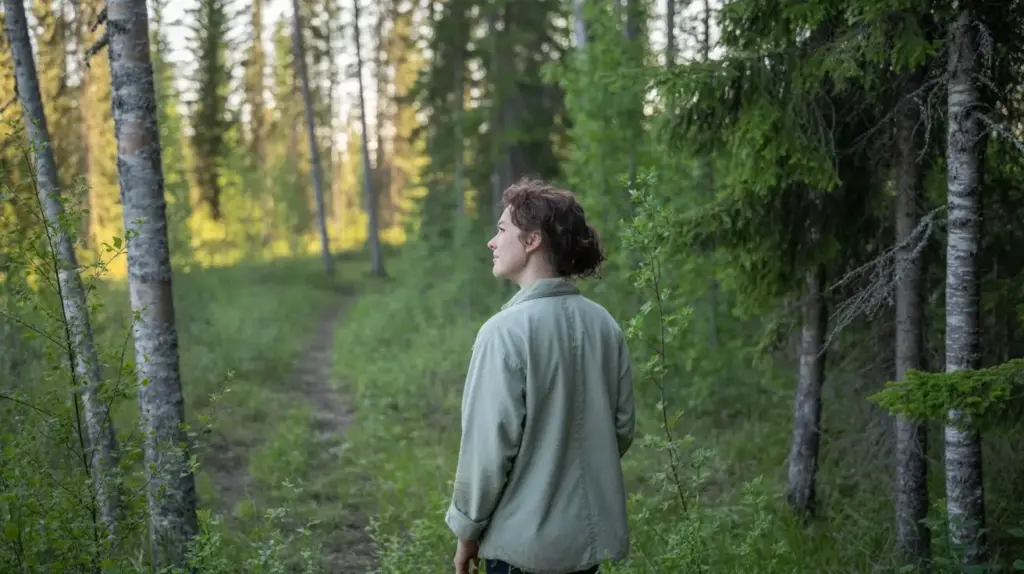 A person with short brown hair wearing a light green jacket stands on a forest path, looking to the side. The sun shines through tall trees and lush green foliage surrounding the trail. STG-Health
