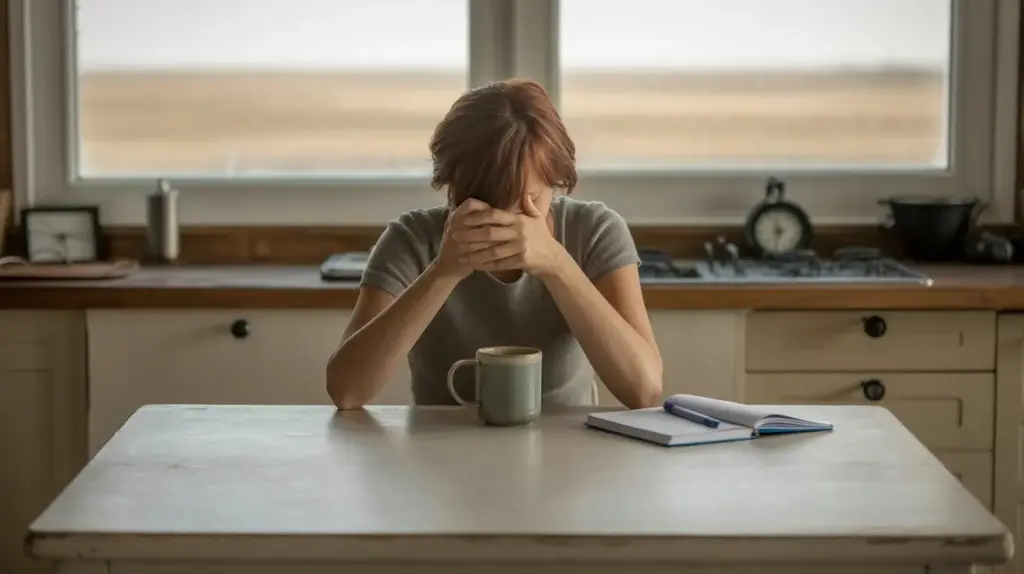 A person sits at a kitchen table with their head bowed and hands clasped around a mug, looking stressed or contemplative. An open notebook and pen are on the table in front of them. STG-Health