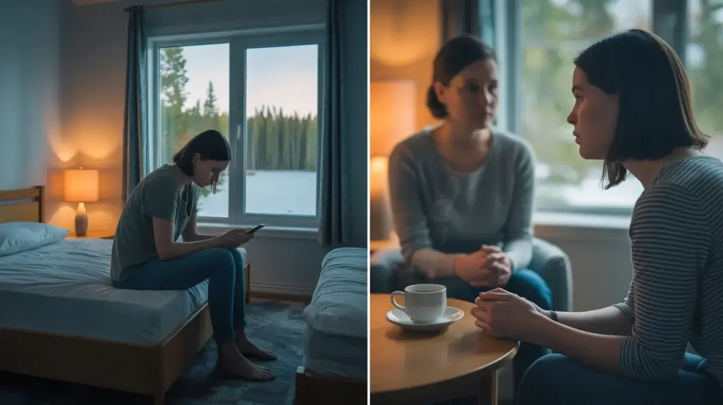 A young woman sits alone on a bed looking at her phone beside a window in a cozy room. In another scene, she sits at a table with an older woman, both appearing serious and engaged in conversation. STG-Health