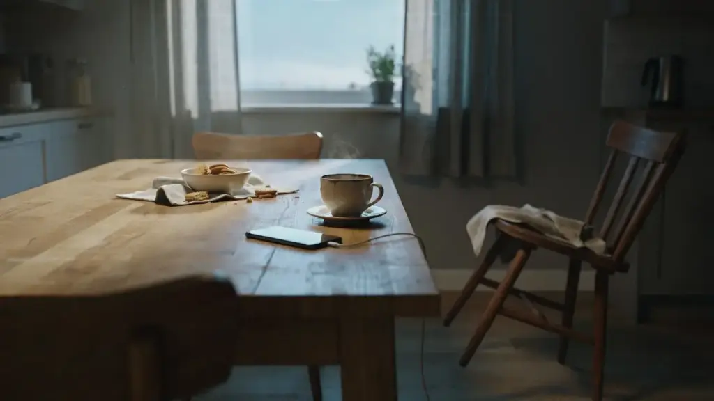 A sunlit kitchen table with a steaming mug, a bowl of pastries, a phone charging with a cable, and two wooden chairs. Light filters through curtains by a window with a small potted plant on the sill. STG-Health