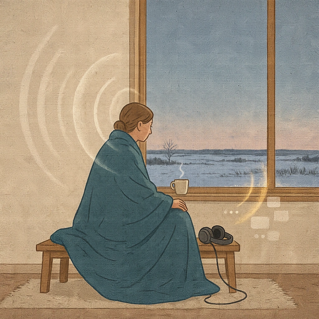 Illustration of a person wrapped in a weighted blanket by a window at dusk over a northern Saskatchewan prairie, with faint sensory overload shapes softening around them, representing calming from autistic shutdown, meltdown and masking overwhelm.